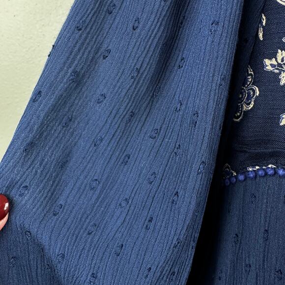 Free People My Love Mini Dress Long Sleeve Swing Pom Pom Paisley Blue Med Boho - Picture 8 of 16